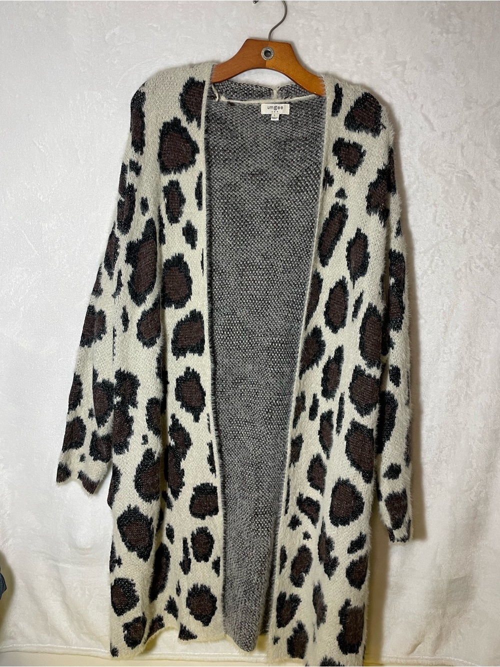 Umgee Ivory Leopard Open-Front Long Cardigan with Brown Spots